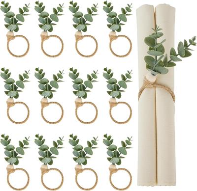 Boho Eucalyptus Leaf Napkins Rings, Napkin Rings Set of 6, Wood Bead Farmhouse Easter Napkin Holder for Weddings Christmas Party Table Decoration