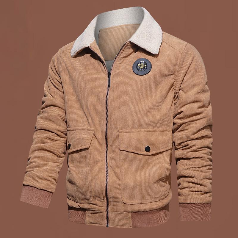 Fleece and thicker outer wear lamb wool casual lapel collar multi-pocket winter zipper medium corduroy cotton coat men's coat