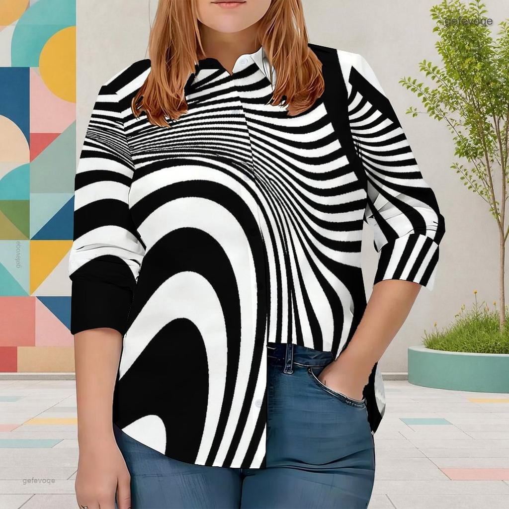 Women Plus Size Collared Neck Long Sleeve Black White Printed Button Front Curved Hem Shirt