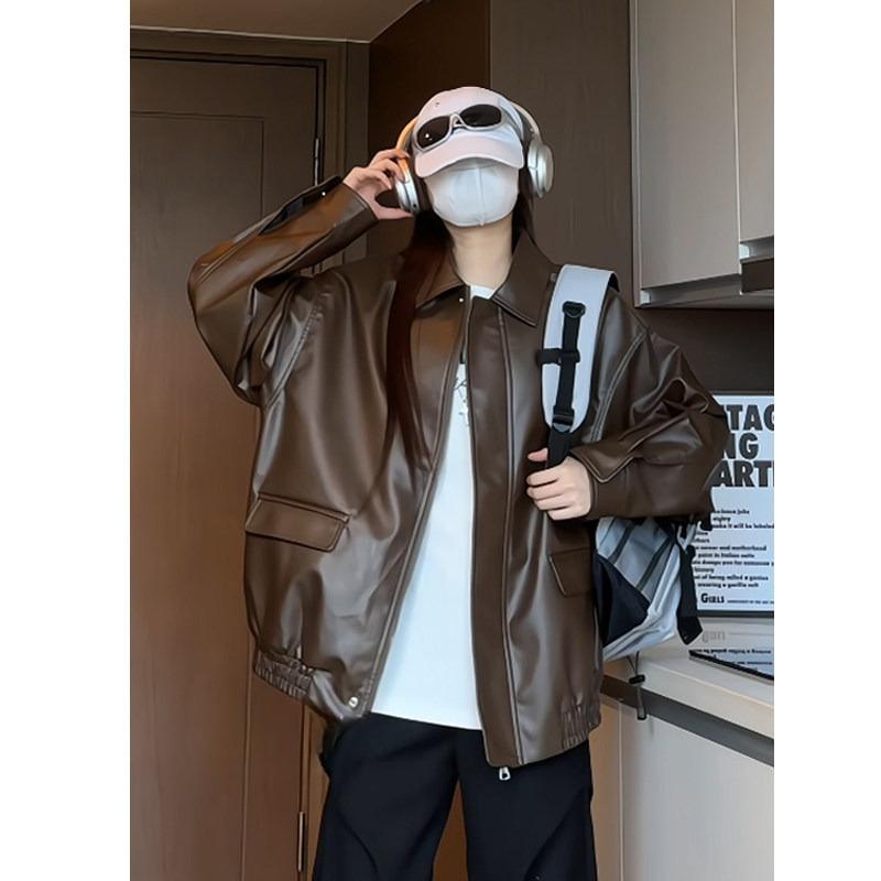 

Ретро Гонконгский Стиль Мотоциклетная Коричневая Куртка из ПУ Кожи Мужская Ранняя Осень Новая Повседневная Свободная и Универсальная Верхняя Одежда XXL