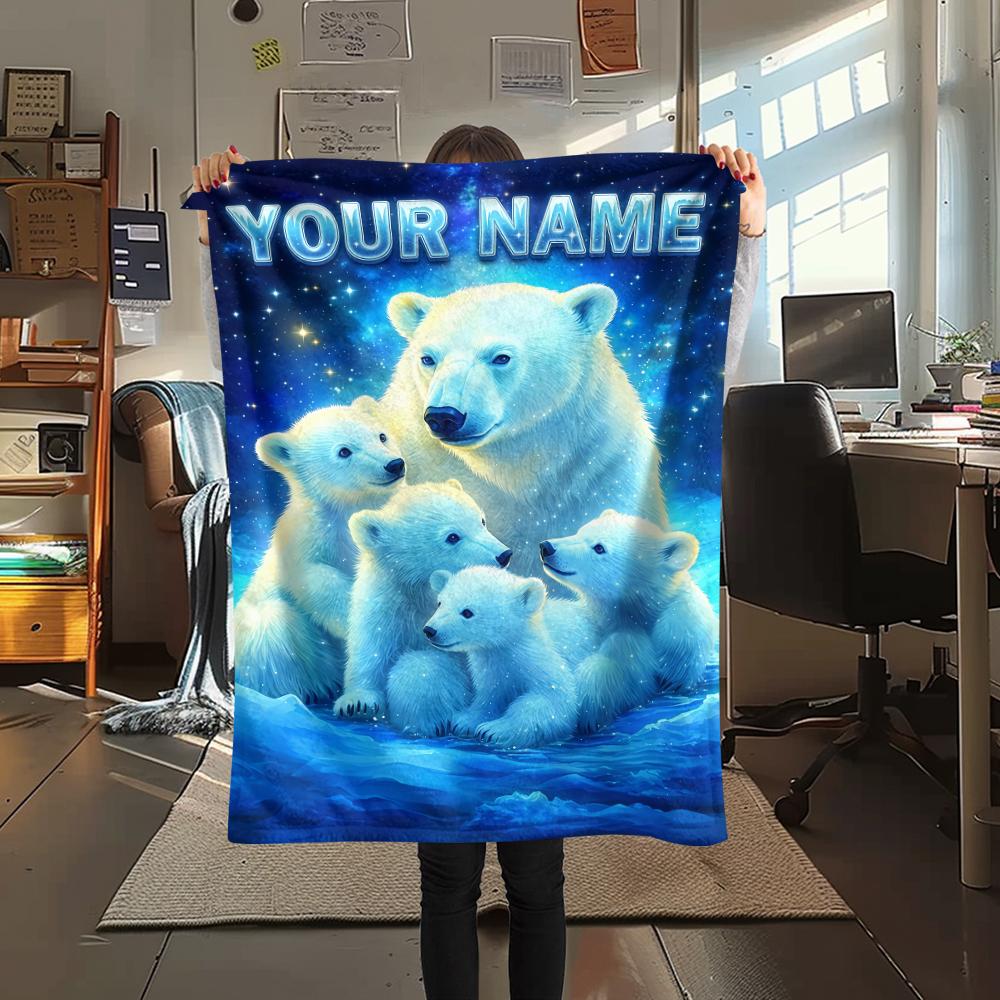 1PC Custom Name Polar Bears Winter Patterned Flannel Blanket Suitable For All Seasons for Home Decor Warmth and Comfort Gifts Holiday Present_lx