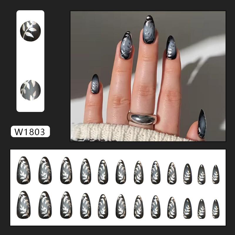 Wear Armor Dark Wind Removable Nail Pieces Silver Leaves Simple Smudging Fake Nail Pieces 24 Fake Nails