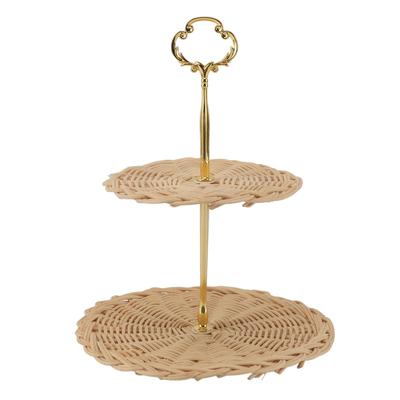 2 Tier Rattan Serving Standing Trays Round Woven Bread Fruit Snack Serving Basket for Daily Wedding