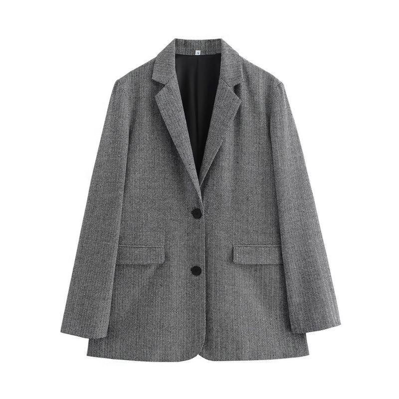 

Kaslead New Arrival Women s Clothing Fashion Style Fashion Minimalist with Padded Shoulder Herringbone Pattern Suit Outwear Gray L