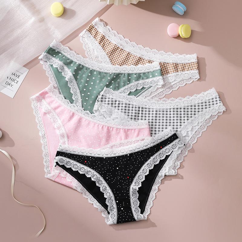 5pcs Women s Summer Sexy Lace Edge Print High Bounce Cotton Skin-friendly Comfortable Low-rise Briefs S