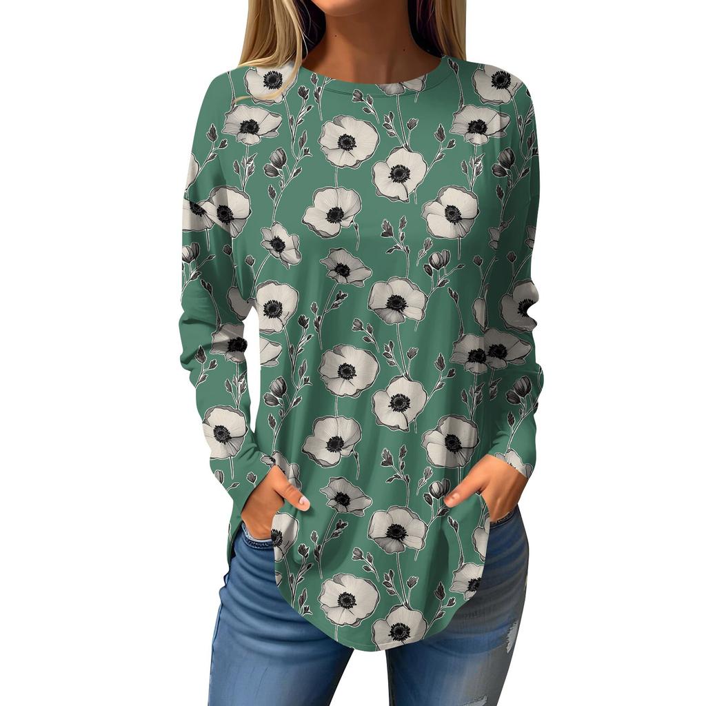 Women's  Loose Casual Flower Printed Round Neck Long Sleeved T Shirt Top Pullover Long Sleeved Sweatshirt