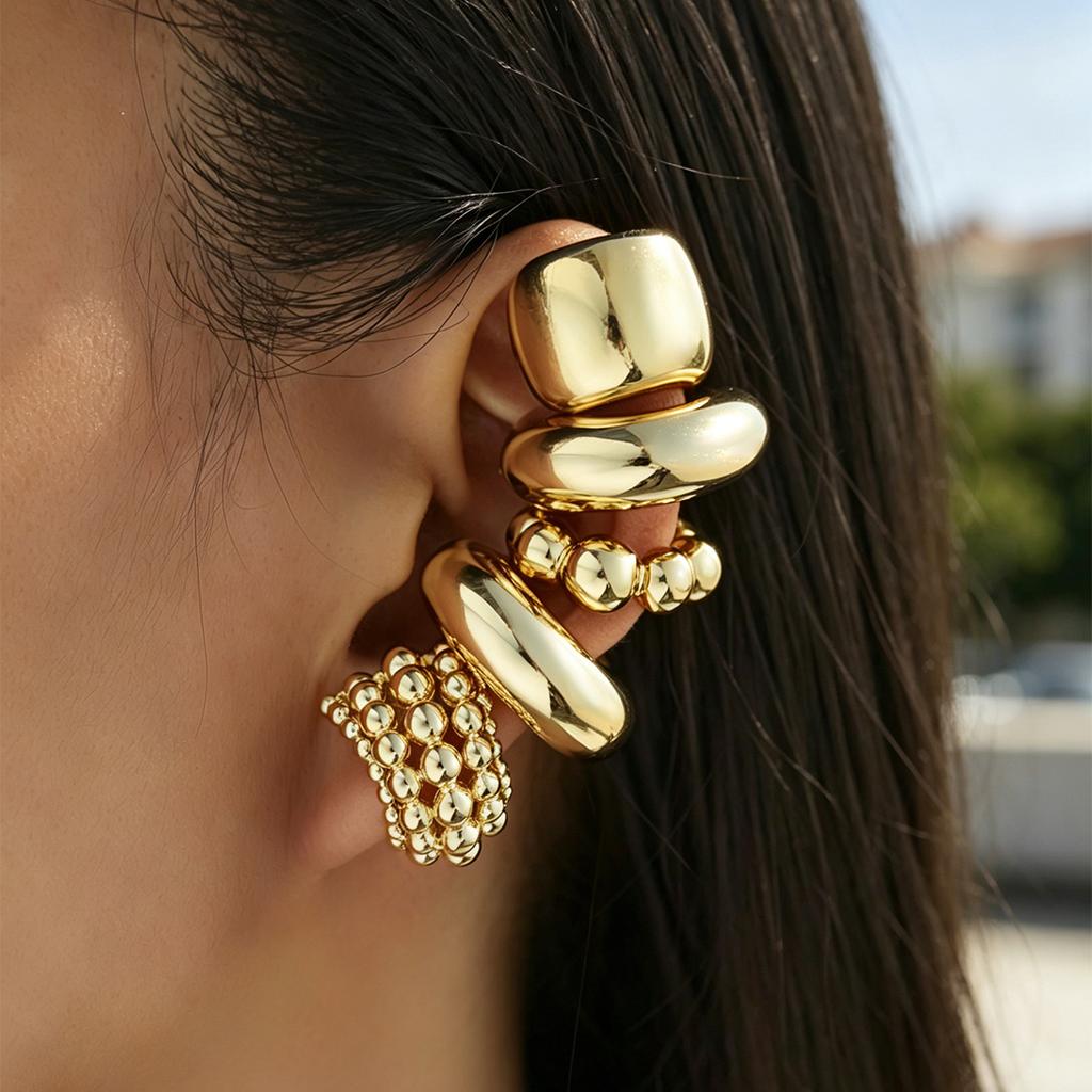 17KM 5pcs Vintage Exaggerated Fashion Copper Wide Face Clip-On Earrings Set For Women Couples Vacation Dating Daily Party Jewelry New