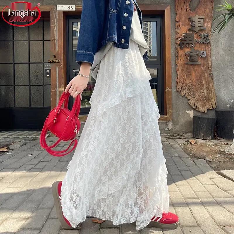 Women's High-Waist Lace Mesh A-Line Skirt
