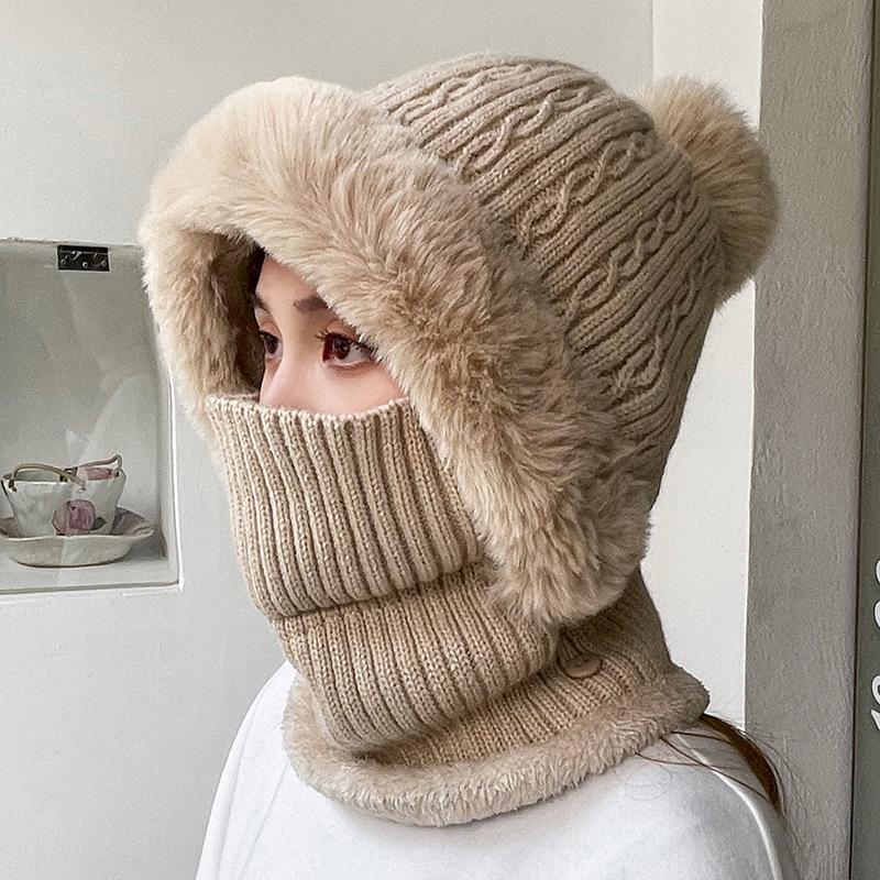 Korean Style Scarf Mask All-in-one Cap Velvet Padded Warm Wrap Outdoor Riding Windproof Acrylic Knit Common Unisex