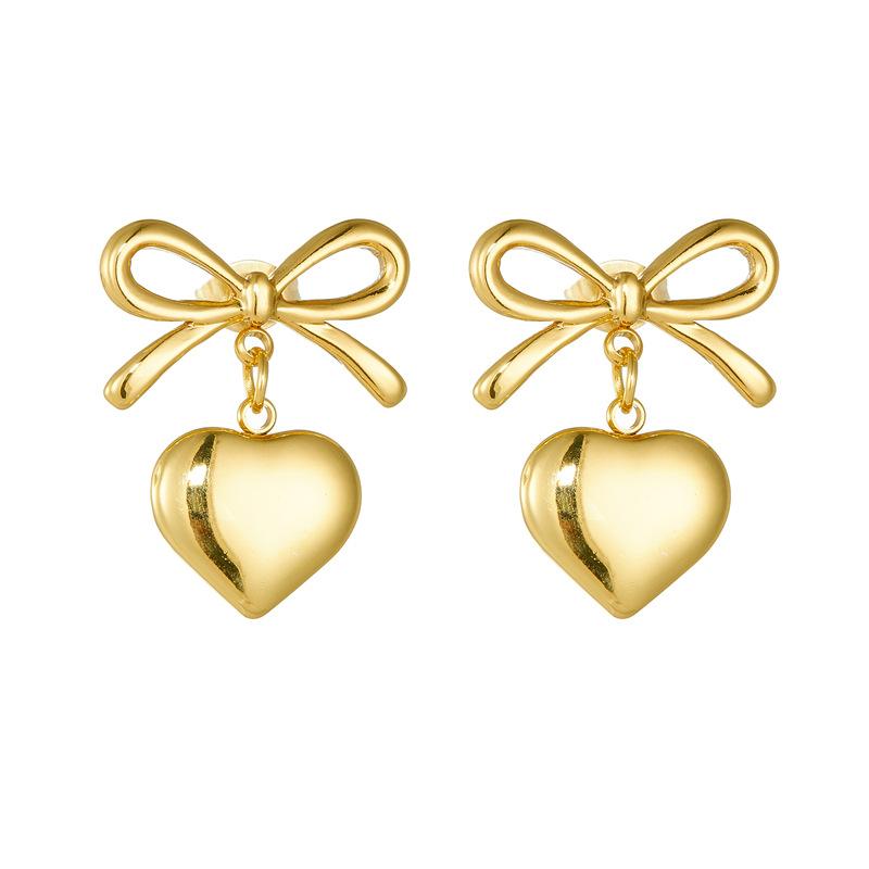 Bow Heart Drop Earrings For Women Gold Plated Stainless Steel Cute Fashion Jewelry