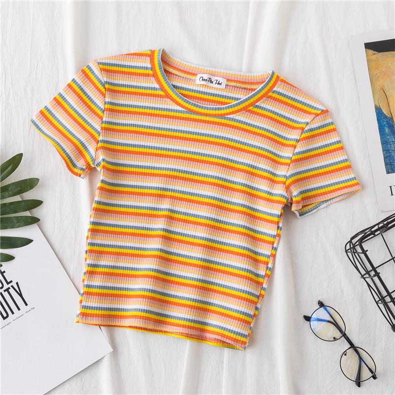 

Korean Style Rainbow Striped Cropped Women s T-Shirt with Cutout Large