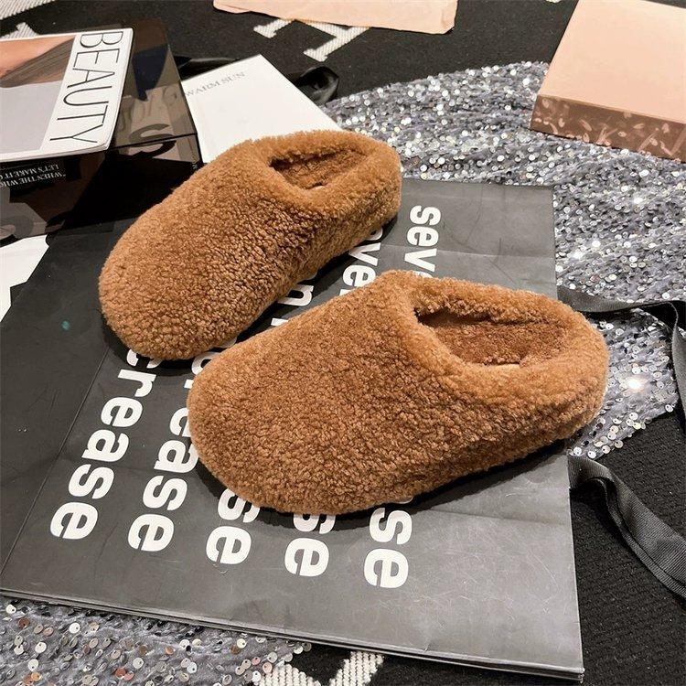 

Lamb wool baotou half slippers women wear thick-soled high-end fluffy shoes 2025 autumn new Internet celebrity lazy shoes 40