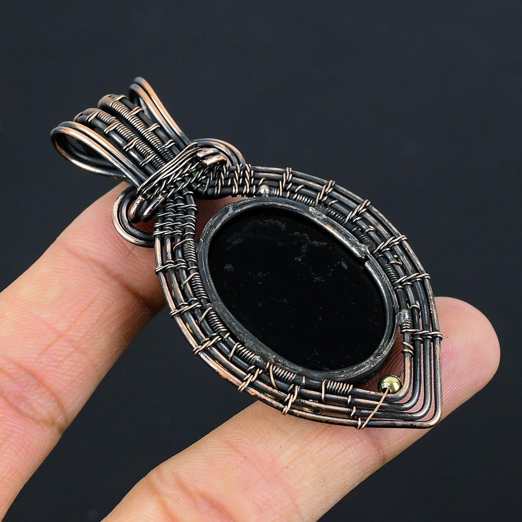 Wunderschöner schwarzer Onyx-Edelstein, reiner Kupferdraht, umwickelt, handgefertigter Anhänger, Schmuck, Geschenk
