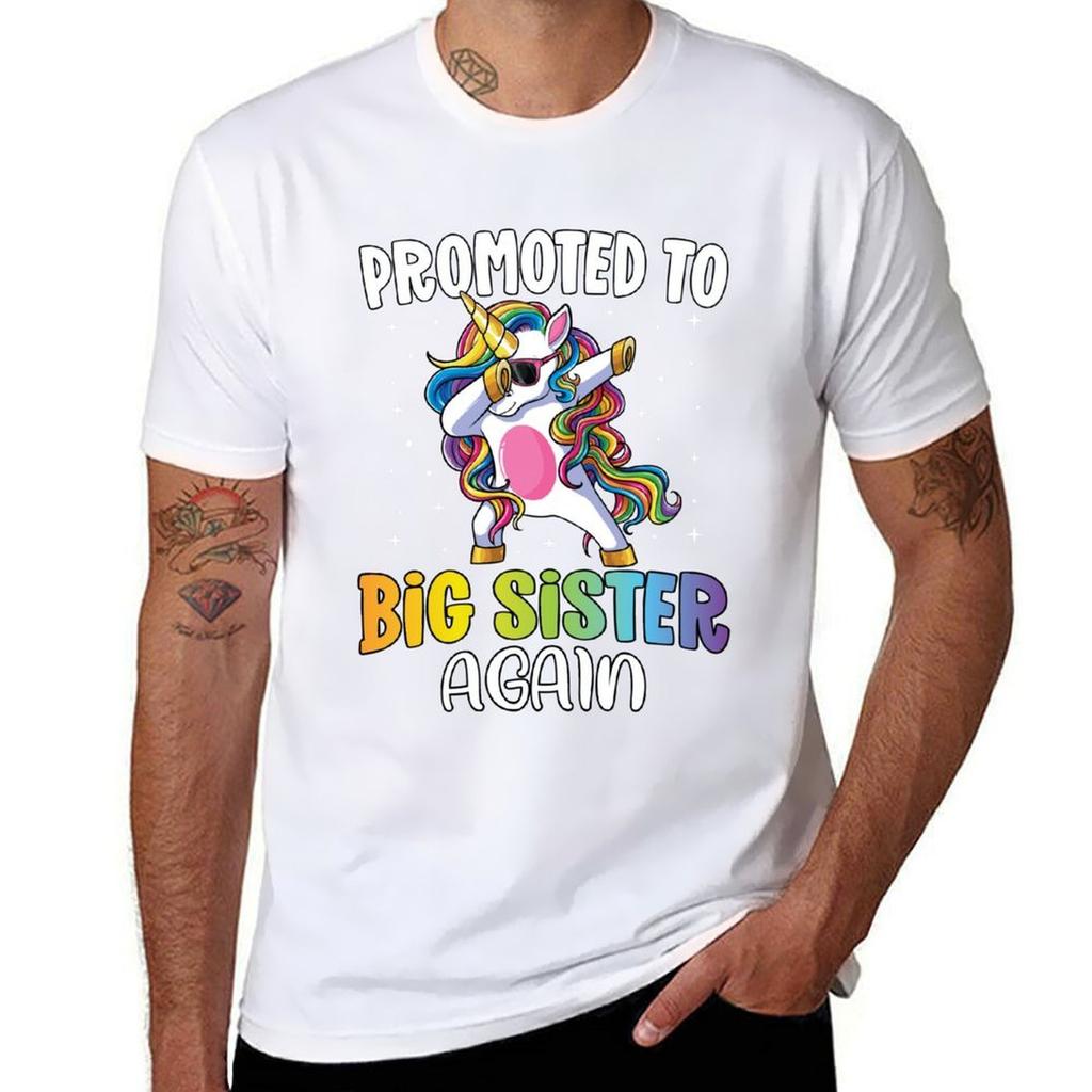 Promoted To Big Sister Again Dabbing Unicorn Older Sister Tshirt Soft Basic Cotton Short Sleeve Tee