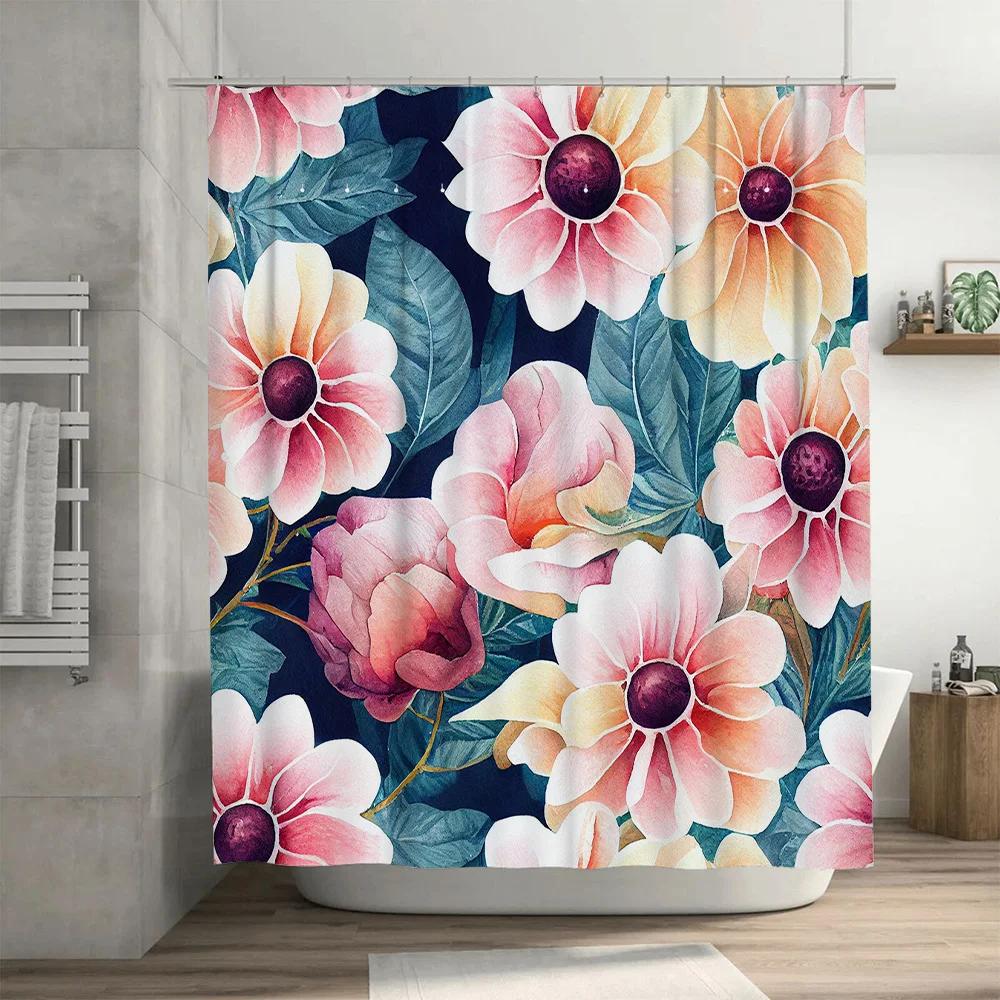 Beautiful Floral Print Shower Curtain Waterproof Home Decor Bathroom Wall Hanging for Living Room Pink Blossoms on Blue Backgrou