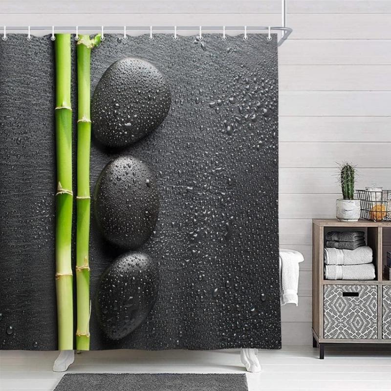 

Spa Decor, Zen Japanese Garden Theme Stone And Wooden Bamboo On Black Shower Curtain, Polyester Fabric Yoga Bathroom Decorations W60H190(CM)-1 Pcs