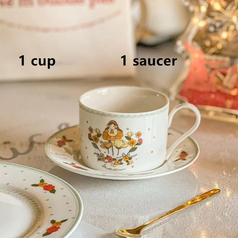 

French Retro Coffee Cups Plate Set, Afternoon Tea Ceramic Mug,Flower Picking Women s Dessert Plate,Kitchen Tableware Tea Cup Set