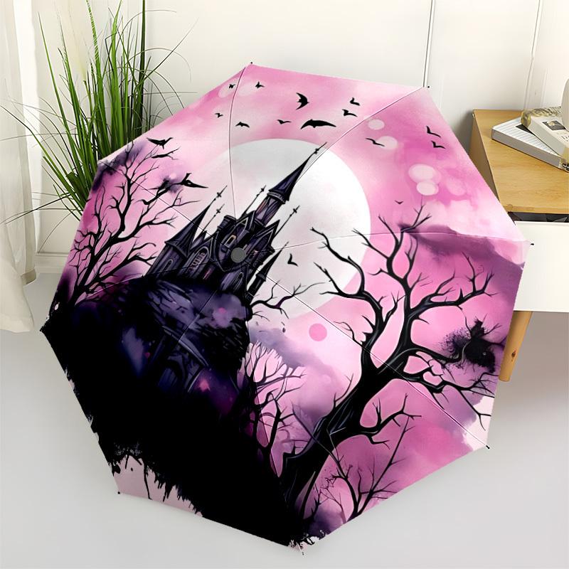 1pc Haunted Castle Automatic Folding Umbrella Compact Lightweight Travel Umbrella with 8-Rib Sturdy Frame, Windproof & Self034