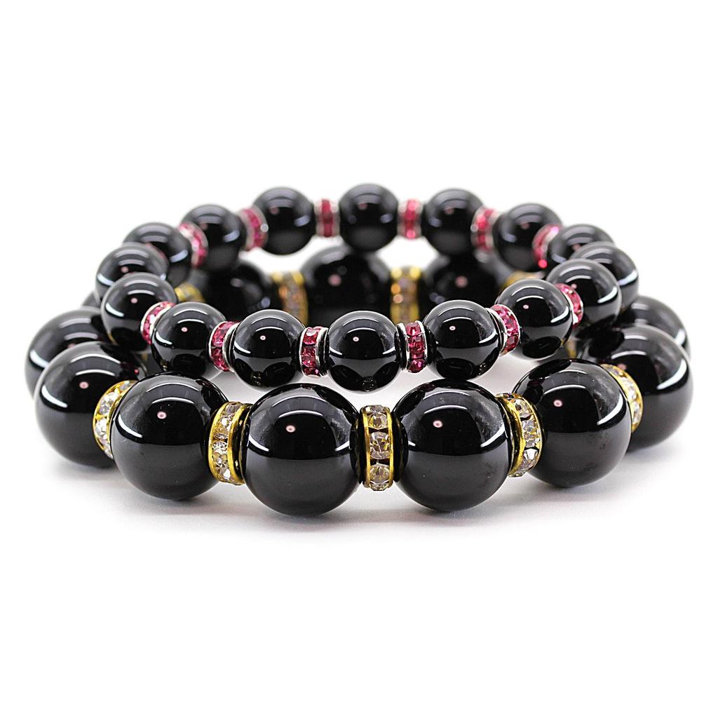 [Ishiki] Natural Onyx 16mm & 10mm Power Stone Amulet Pair Bracelet [b280]