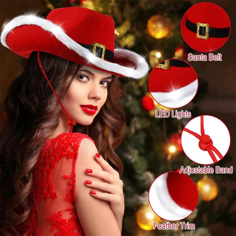 Santa Claus Western Hat Christmas LED Light Up Cowboy Hat Red Felt Wide Brim Cowgirl Jazz Hat for  Party Costume Accessory