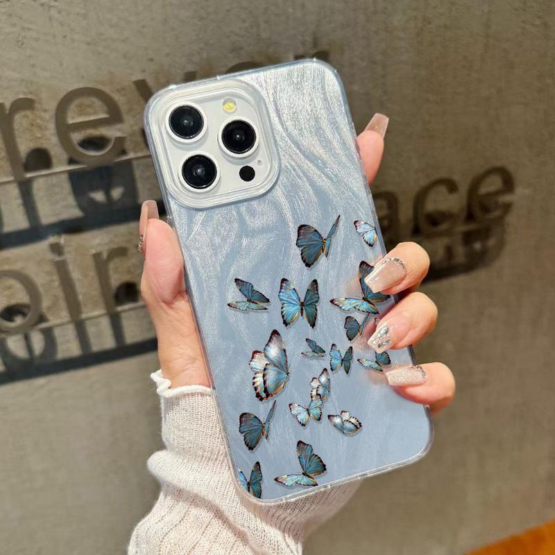 Butterfly Print Soft Edge Slim Clear Phone Case For iPhone 16 Pro 15 Pro Max 14 13 12 11 Glitter Feather Shockproof Sparkling Hard PC Back Cover