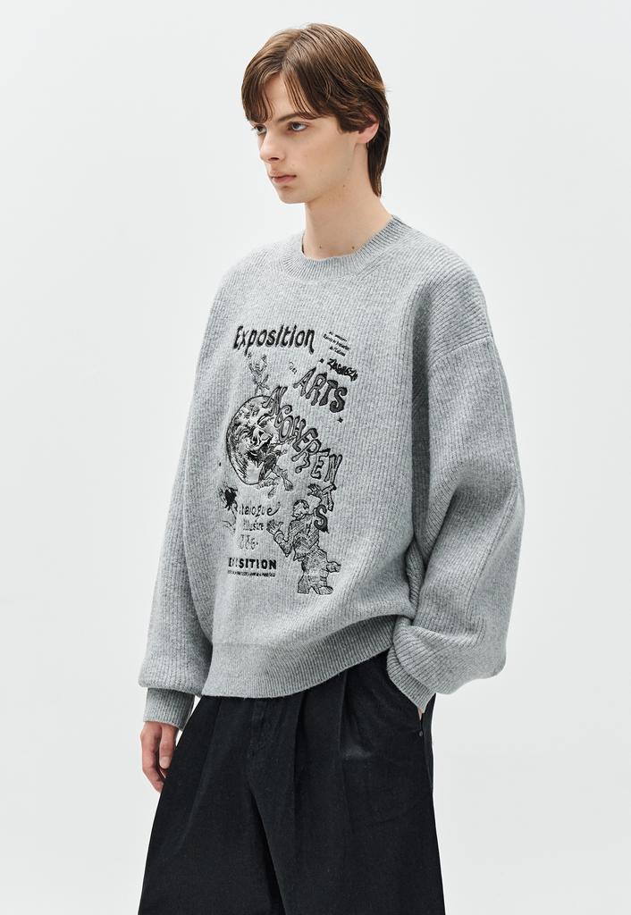 ZIOSONGZIO Ancoerang Embroidered Ribbed Crewneck Knit Gray Zh6Kt608Gy
