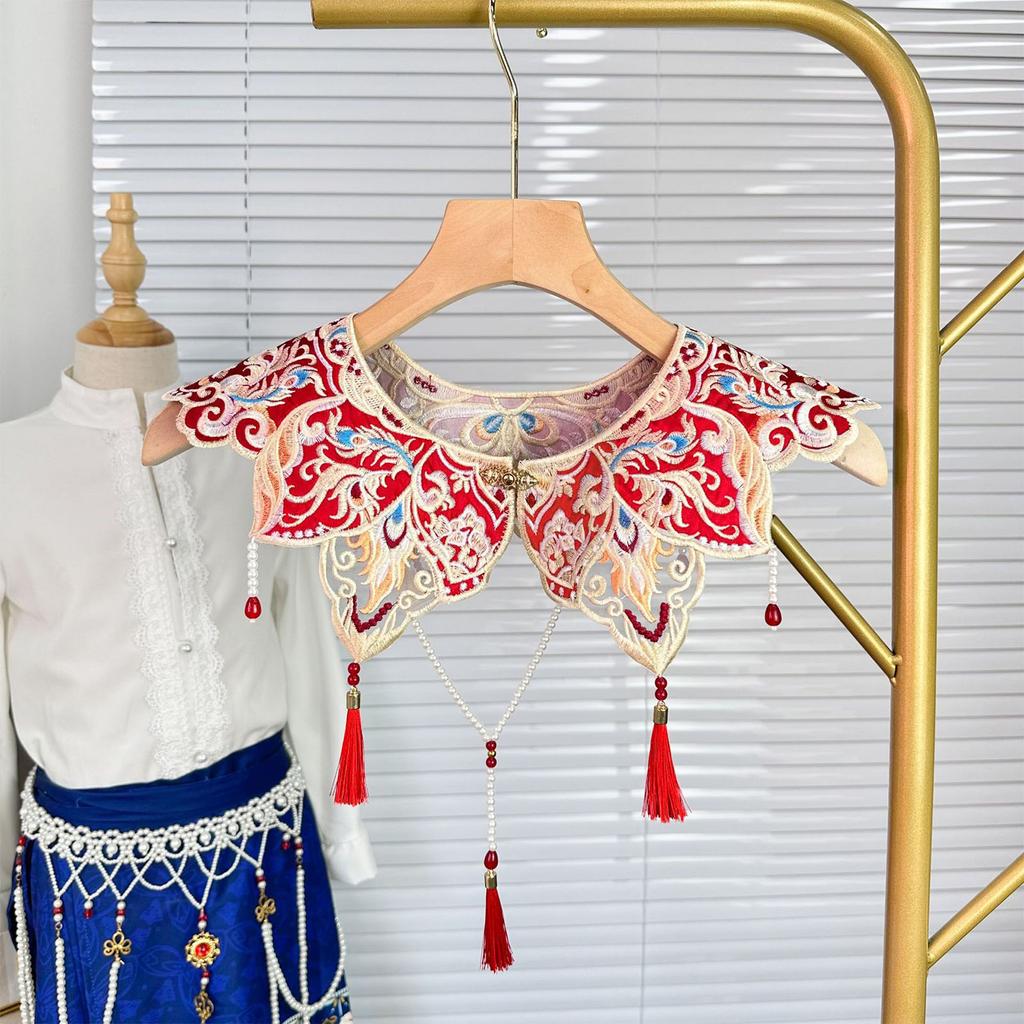 Embroidered Flower Tassels Collar Faux Collar Traditional Han Costume Decorative Collar Shawl Wrap for Cultural Event