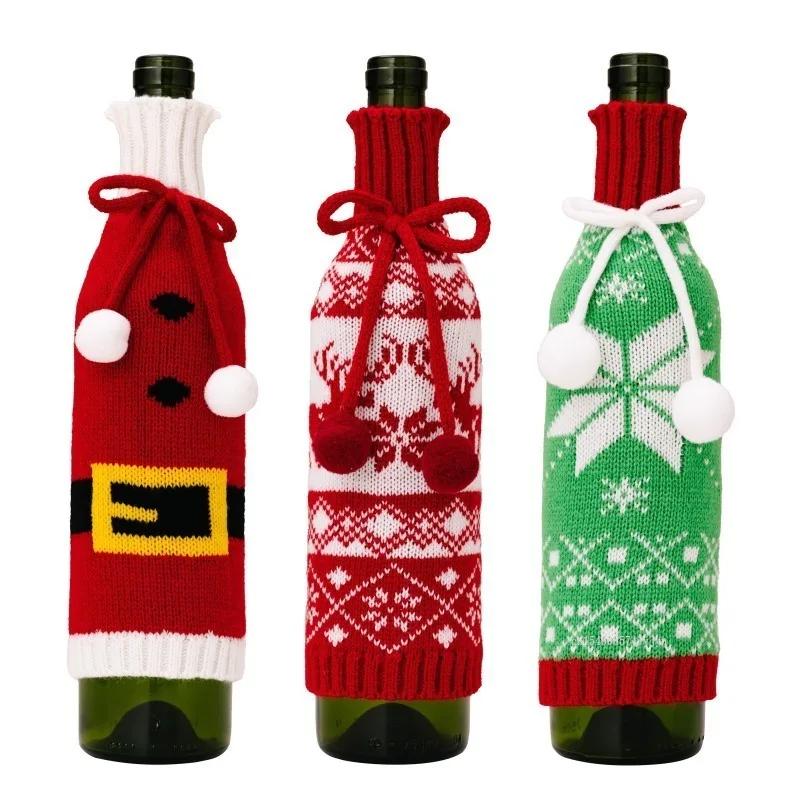 Christmas Wine Bottle Covers Cartoon Santa Snowman Knitted Red Wine Bottle Bags New Year Party Xmas Dinner Table Decor 1Pcs