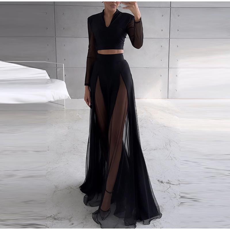 Moderní dvoudílný set, dámský ležérní top s výstřihem do V, černý, s dlouhým rukávem, módní zavinovací boky, síťované sukně áčkového tvaru pro ženy