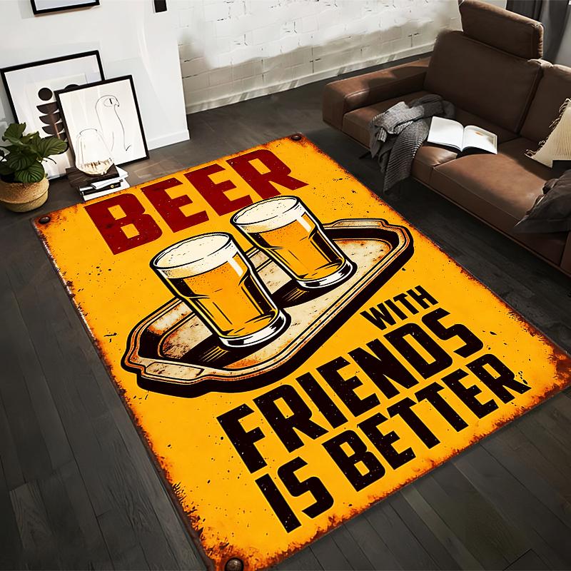 Beer Theme Carpet with Two Glasses and Friends Quote Design Suitable for Use As an Anti-slip for Living Room Bedroom Sofas