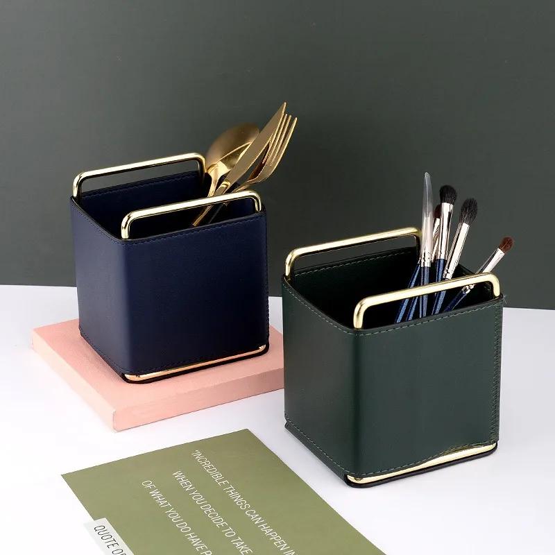 AhunderJiaz European Style Desktop Leather Organizer Cosmetic Brush Jewelry Storage Box Organizer Home Decoration