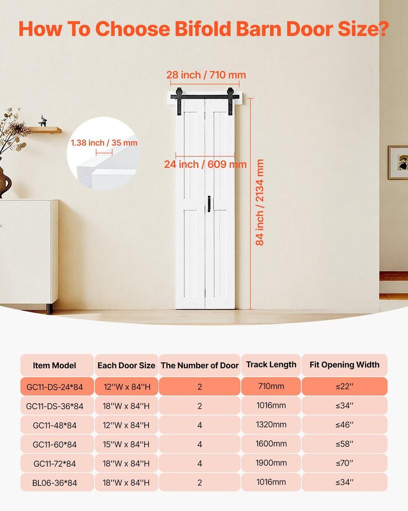 Porte de Grange Pliante, 609 x 2134 mm, Portes de Placard Coulissantes Pliantes en MDF, Kit de Quincaillerie Inclus, Conception Gain de Place en H, Nécessite un Assemblage, pour Chambre à Coucher,