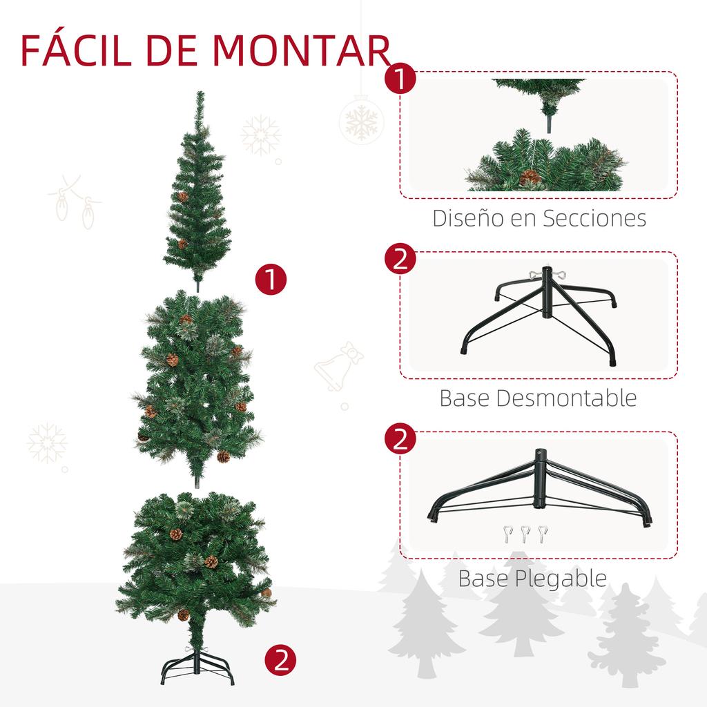 Christmas Tree 195cm with 556 Branches, Narrow Pencil-Shaped Christmas Tree with 25 Pinecones, Foldable Base, Green