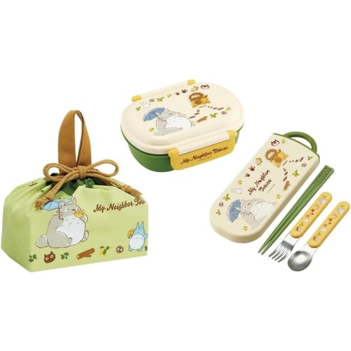 Skater Totoro 24 Cat Bus Antibacterial Dishwasher Safe Soft Lid Tight Lunch Box, Oval Shape, 360ml Trio Set (Chopsticks, Spoon, Fork), Lunch Drawstrin