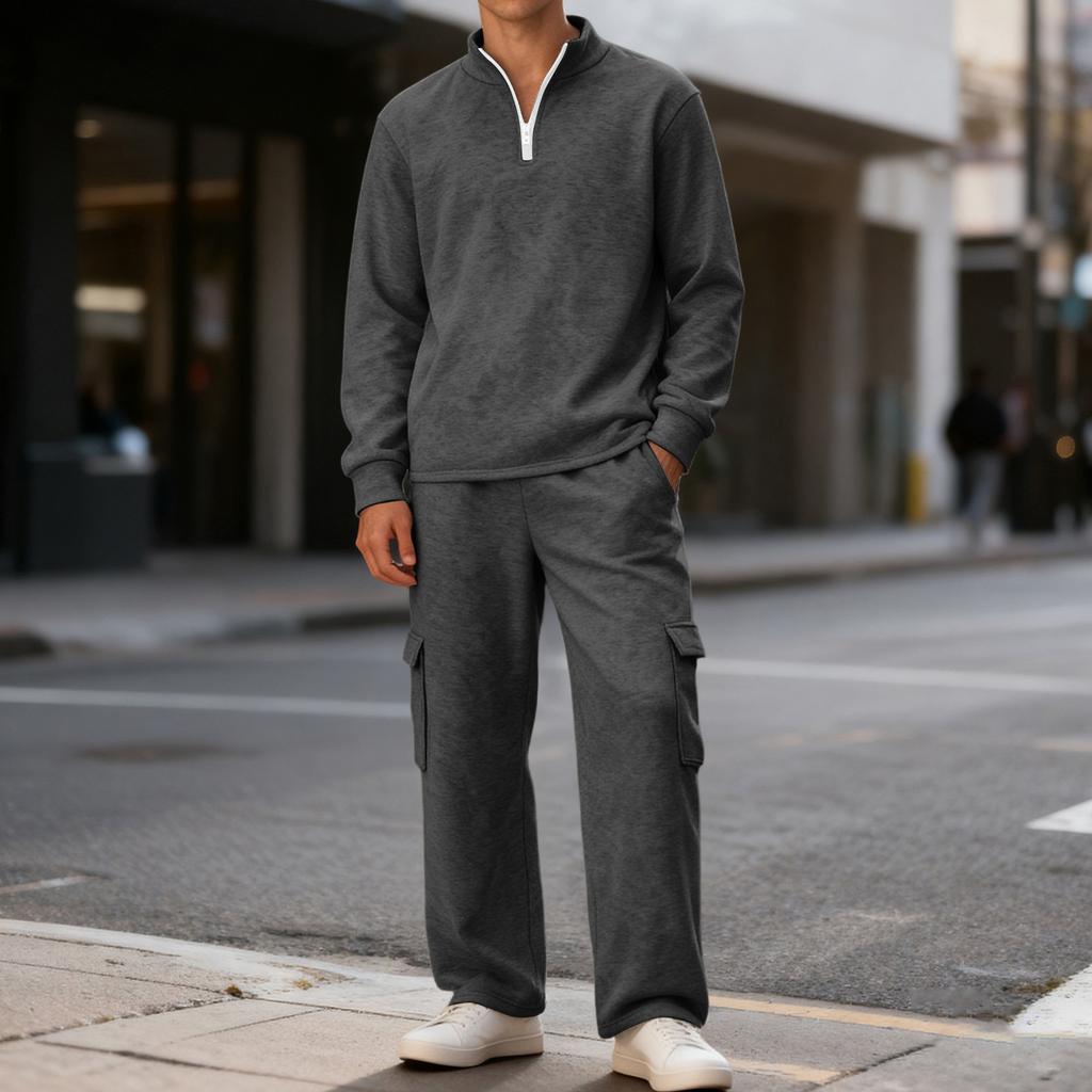 Men's Classic Casual Outdoor Activewear Set | Fleece Solid Color Quarter-Zip Stand-Collar Hoodie & Elastic-Waist Cargo Pants 2-Piece Outfit