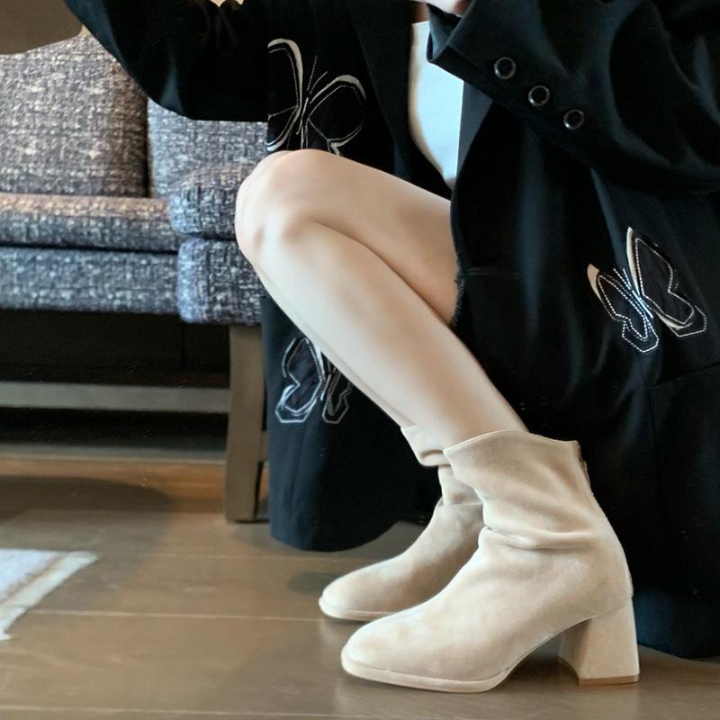 High-heeled Short Boots Autumn and Winter French Suede Apricot Thin Rear Zipper Thick Heel Elastic Thin Boots
