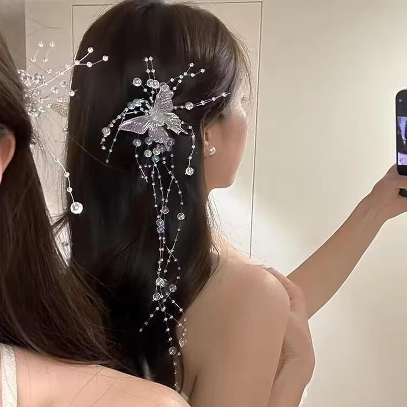 Long Crystal Butterfly Bead Tassel Hair Clips for Women Shiny Luxury Headwear Side Bangs Double Ponytails Photos Accessory Gift