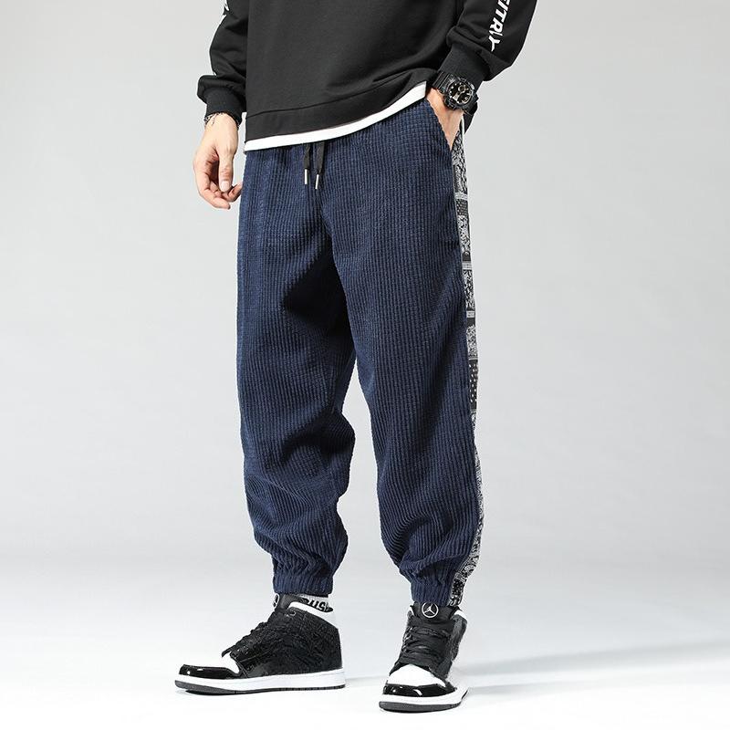 

Мужские вельветовые повседневные брюки в китайском стиле с пэчворком пейсли в японском стиле больших размеров спортивные брюки для осени и зимы 5XL тёмно-синий