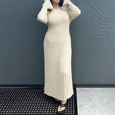 Women's Long Sleeve Ribbed Knitted Maxi Dress Crew Neck Bodycon Sweater Dress Elastic Slim Tie Waist Pencil Long Dress