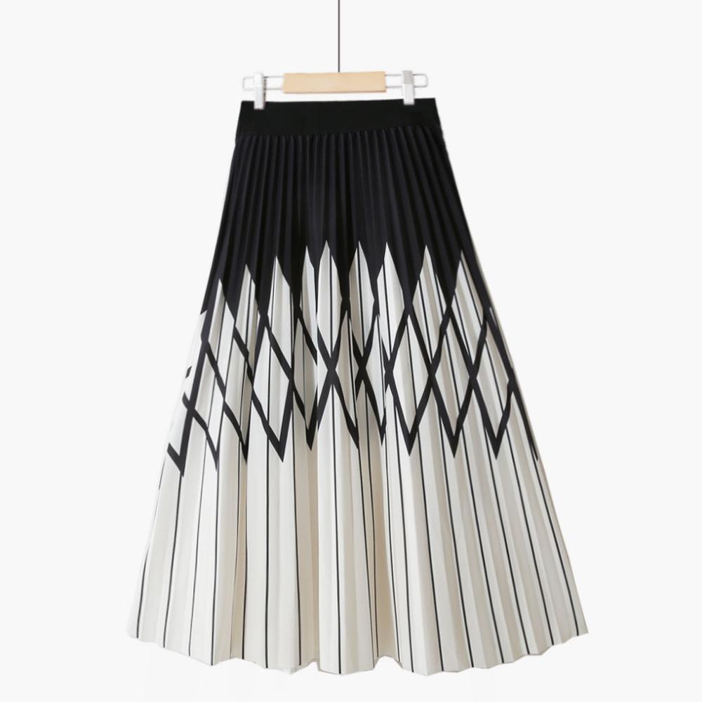 

DX~~Плиссированная юбка средней длины с геометрическим узором для женщин, весенне-летняя новая контрастная юбка-зонтик с высокой талией и юбкой с большим подолом One size чёрный