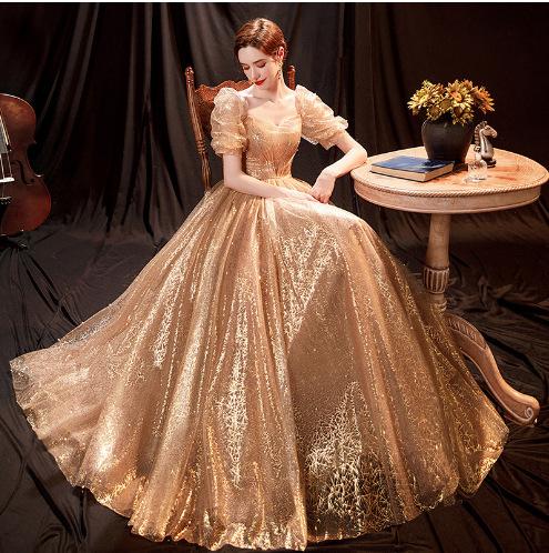 Banquet Evening Dress Gold New Bride Photo Tutu Long Chorus Performance Bubble Sleeve Dress