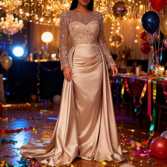 Sequin Sheer Mesh Long Sleeve Maxi Dress for Women Flowy Glitter A-line Long Dress Formal Cocktail Evening Gown