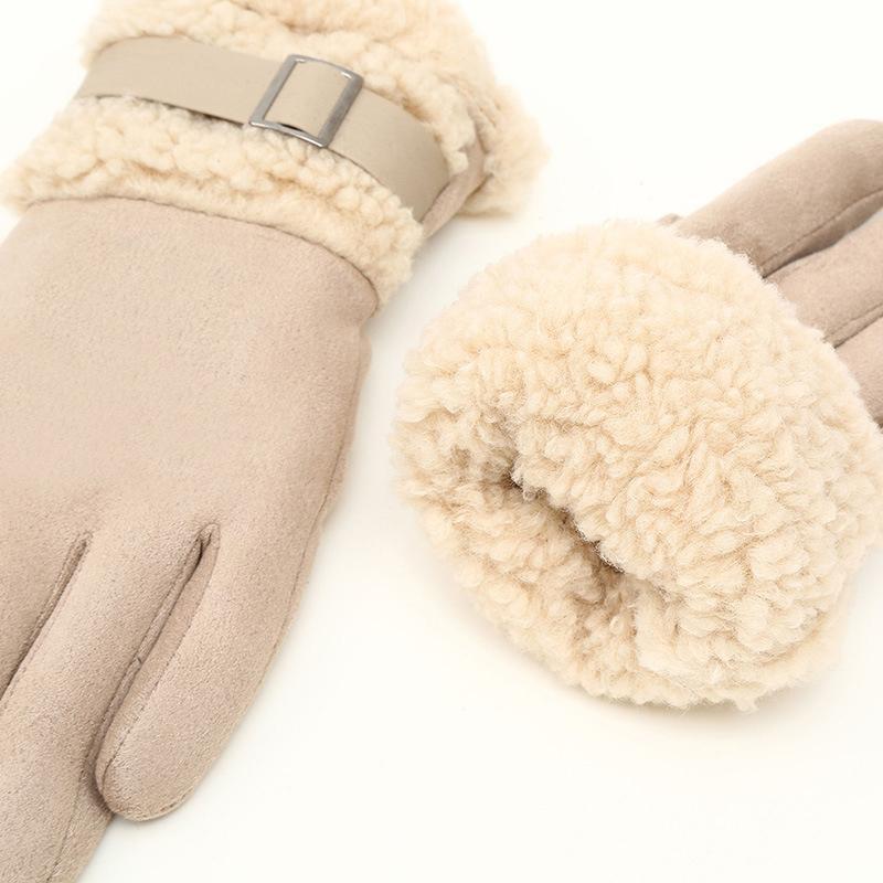 Plush Cuff Metal Buckle Suede Gloves Solid Color Thickened Warm Gloves Women's Stylish Versatile Cold-proof Gloves