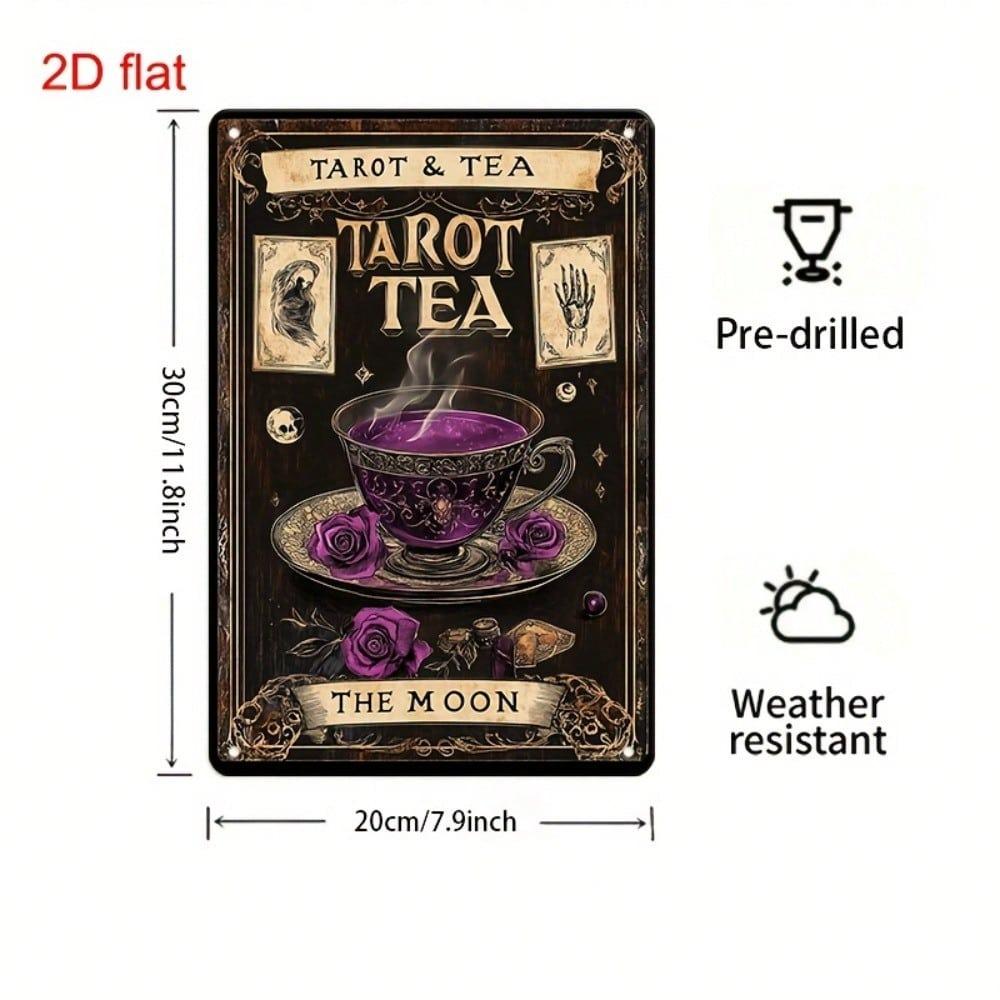 1pc Vintage Tarot & Tea Metal Tin Sign, 2D Flat Mystical Wall Art, Pre-Drilled Holes, 7.9x11.8in Indoor/Outdoor Decor