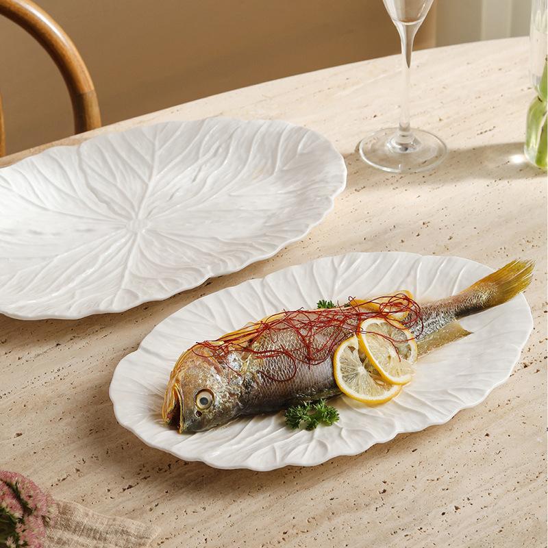 European Embossed Oval Ceramic Plate Fish Dish Salad Plate Floral Rim Home Restaurant Tableware