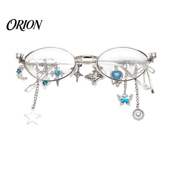 Personalized Styling Eyewear Aesthetic Oval Fake Glasses with Pendant, Anti-Blue Light Decorative Metal Fashion Eyewear, for Teen Girls Butterfly Star