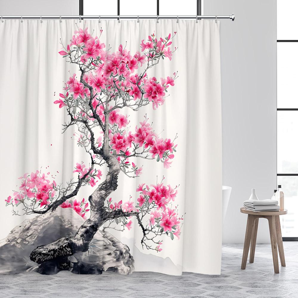 

Японский пейзаж Шторы для душа Абстрактная гора Розовый цветок сакуры Цветочный Птица Павильон Азиатское искусство Декор для ванной шторы 120x180cm-47x70in