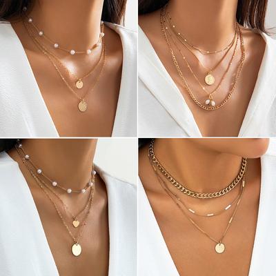 Collar de Cadena Metálica con Lentejuelas Dark Wind para Mujer, Simple Collar Geométrico de Perlas de Imitación Dulce y Fresco