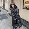 Womens Long Black Puffer Coat With Hood Thick Cotton-Padded Outerwear Loose Fit Over-Knee Winter Jacket