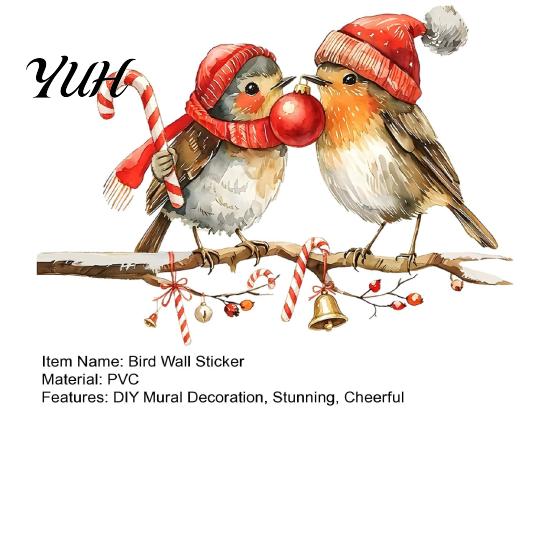 Reusable Holiday Wall Art Christmas Birds On Tree Branch Sticker, Cute Watercolor Bird Decal DIY Room Decor with Ball, Candy Cane, Bell for